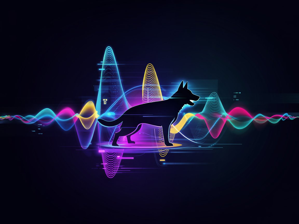 AI-generated abstract representation of sound waves and a dog's silhouette, futuristic, neon accents, dark background