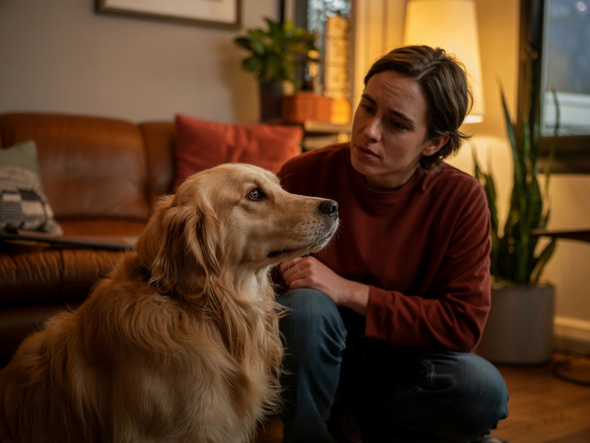 Person looking slightly curious or thoughtful at their dog, warm indoor setting